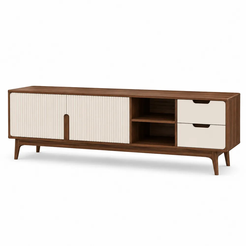 Szafka RTV z Drewna Orzechowego i Płyt MDF Brązowa/Kremowa 180x40x50 cm