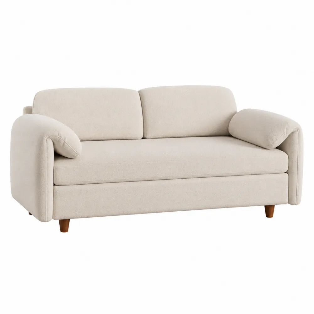 Beżowa sofa dwuosobowa z tkaniny i drewna