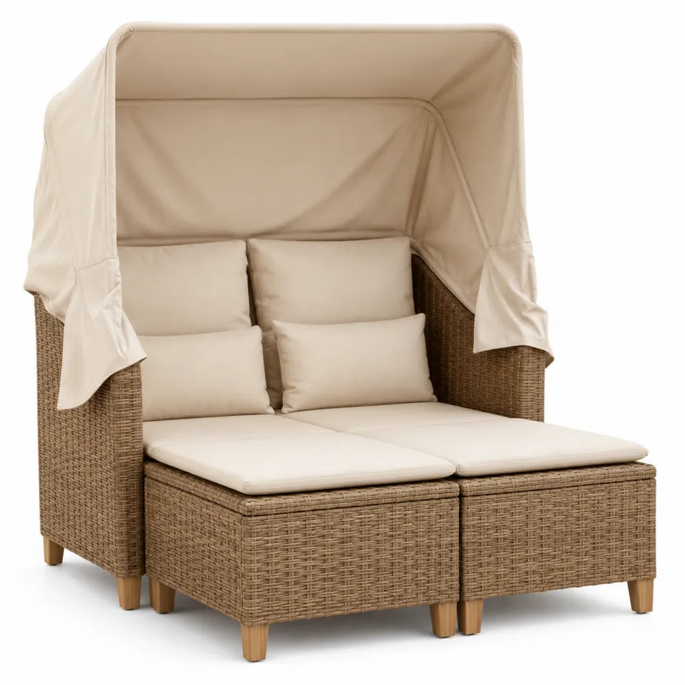 Podwójna sofa ogrodowa z technorattanu z osłoną, Beżowa