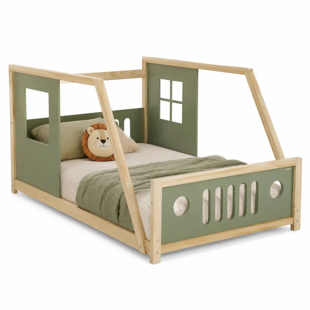 Drewniane łóżko dziecięce z domkiem zielone 160x80 cm