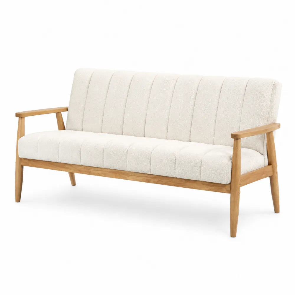 Sofa z tkaniny boucle z drewnianymi podłokietnikami 180x75x85cm