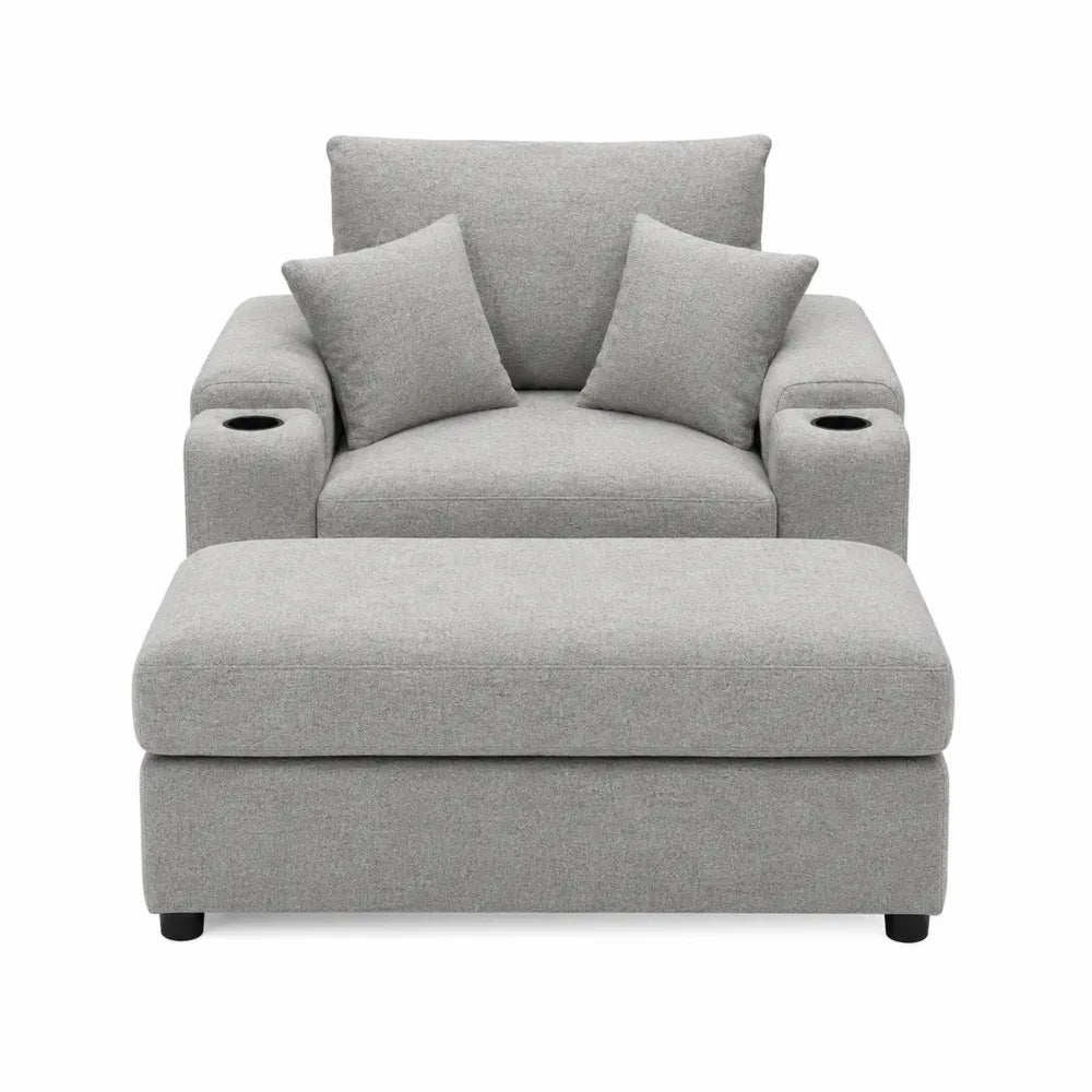 Szara sofa z podnóżkiem z tkaniny poliestrowej