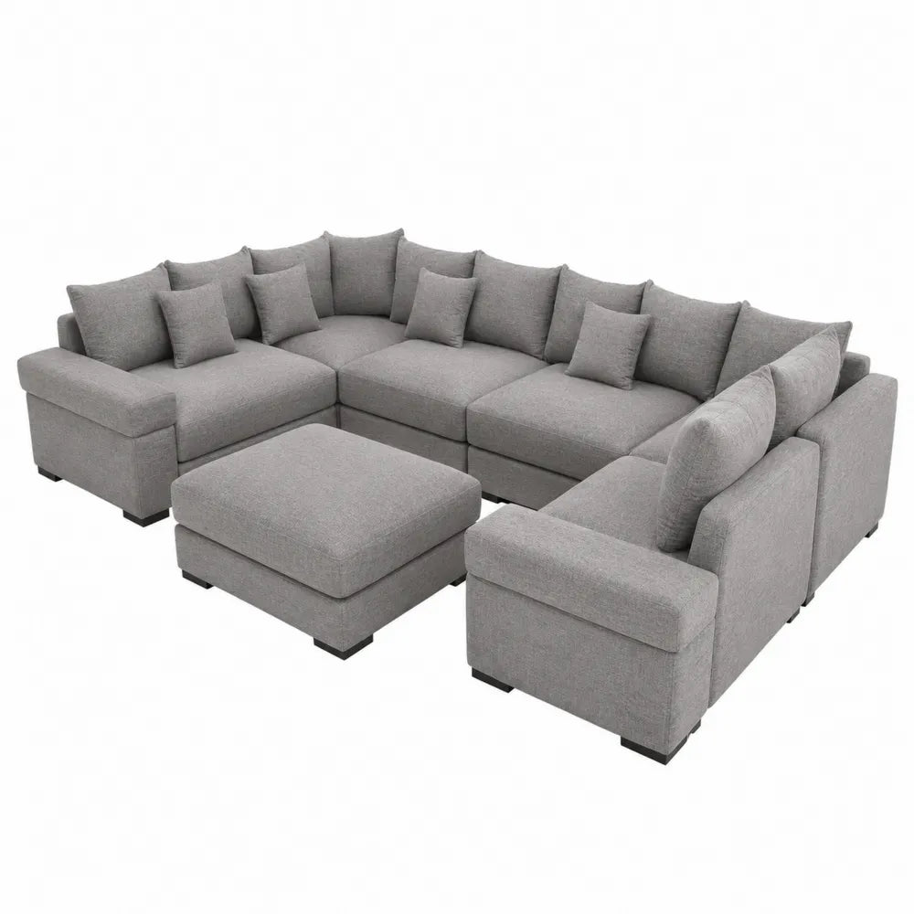 Sofa narożna szara z poliestru z poduszkami