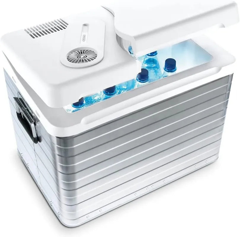 MQ40A lodówka, MOBICOOL AC/DC elektryczna lodówka 39L, Aluminiowa lodówka z podwójnym wentylatorem i dzieloną pokrywą do auta, kempingu i ciężarówki