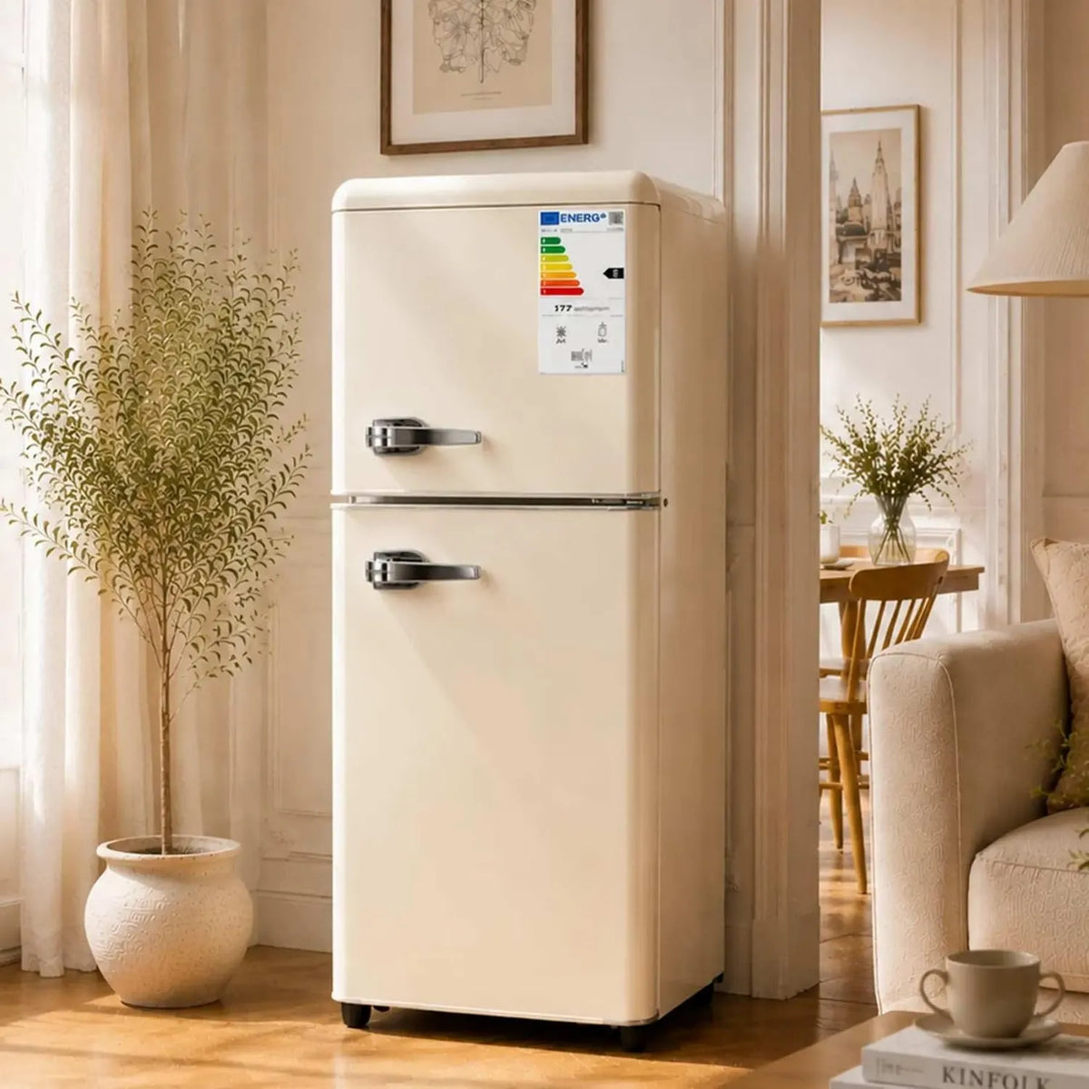 YEHTOKHOME minilodówka, Lodówka, 112 l, klasa E- Energy, oświetlenie LED, dekoracja salonu, 2 strefy temperatury, biały, 7 poziomów kontroli temperatury
