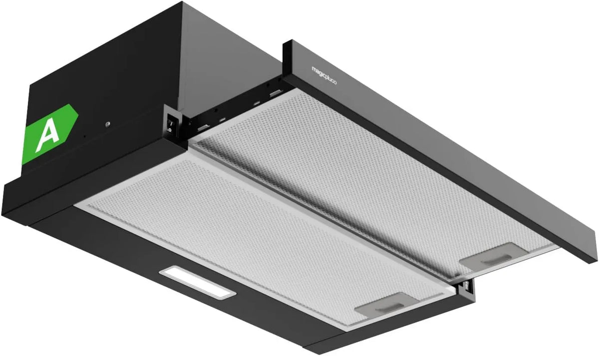 magicplux okap kuchenny, Okap próżniowy, 60 cm, 370 m3 / h, 65 dB, klasa energetyczna A, oświetlenie LED, czarny, 2 prędkości, ekstrakcja i recykling, filtrowanie m3/h