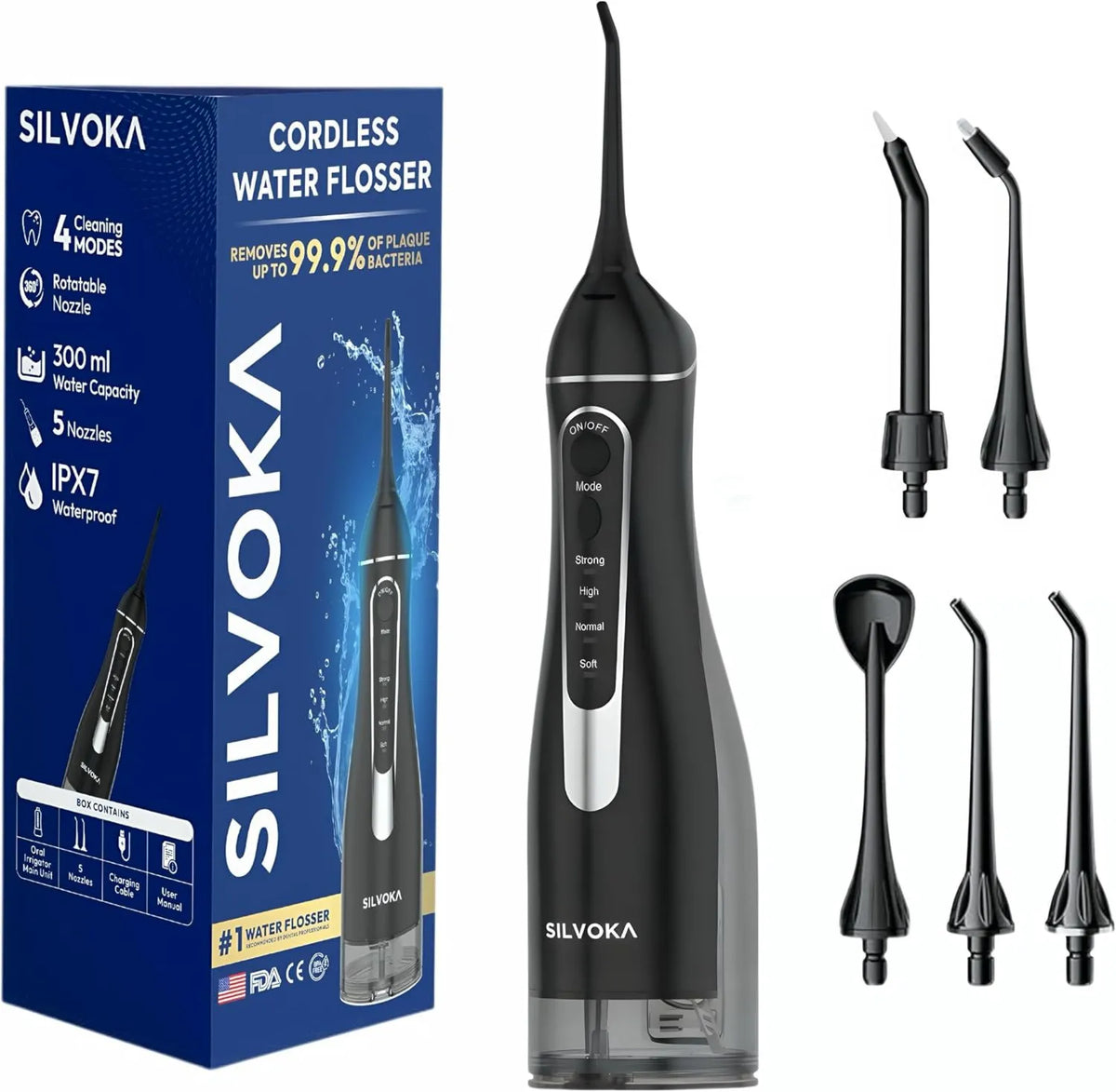 SILVOKA, IPX7 przenośny, elektryczny hydropulent dentystyczny, 300 ml, IP65, duży zbiornik, 4 tryby, bezprzewodowy, do urządzeń stomatologicznych