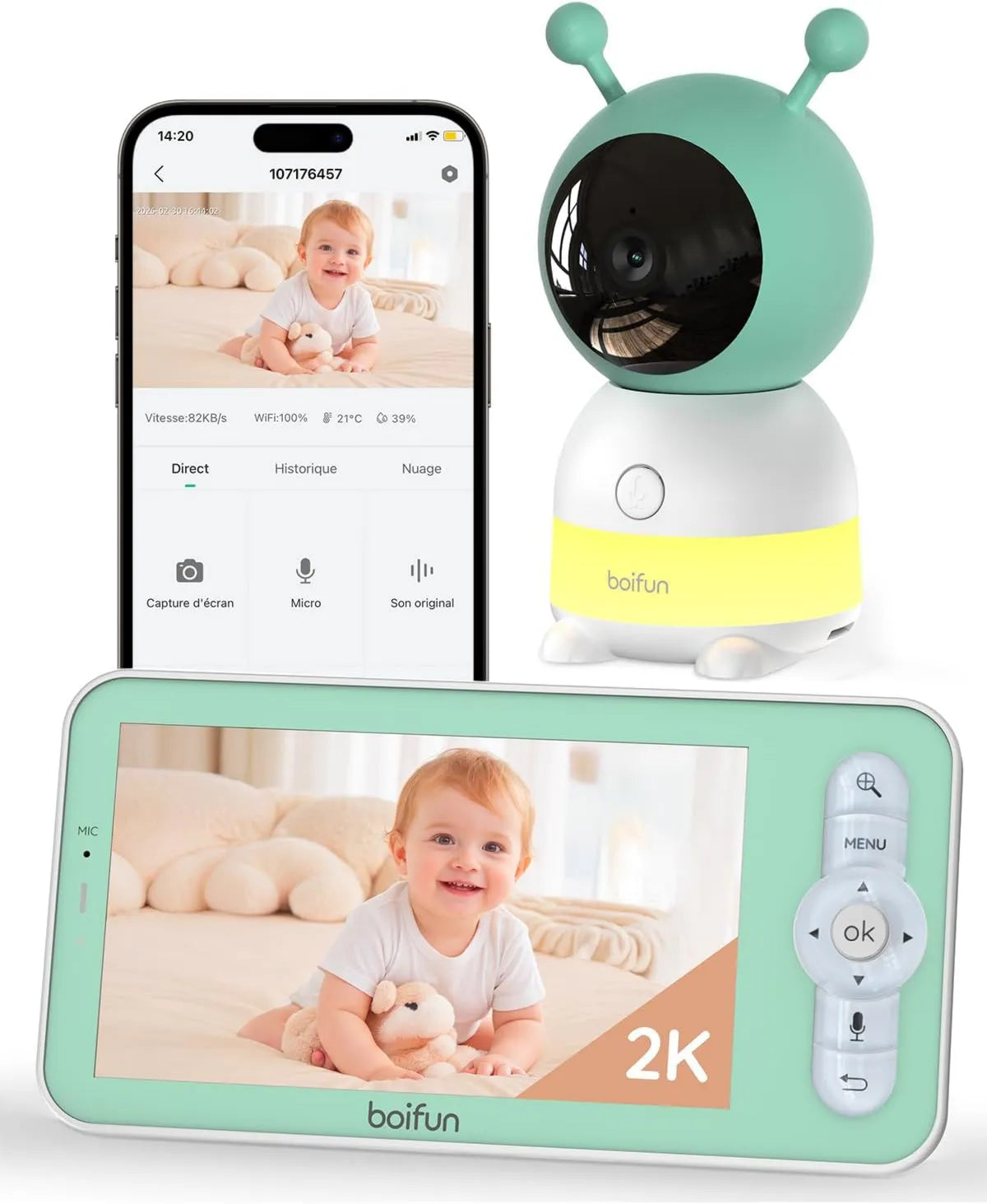 BOIFUN, PTZ 360 Babyphone, Monitor wideo dla dzieci, Babyphone Camera