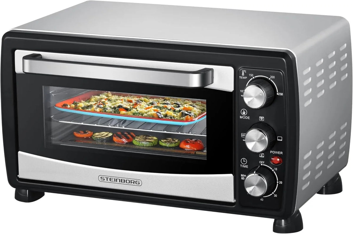 Steinborg mini piekarnik, Piec elektryczny, 20 l, 1400 W, zegar, kompaktowy, kemping, Mini obrotowy piekarnik ciepła, pickup-up płyty, funkcja ciepła skarbca