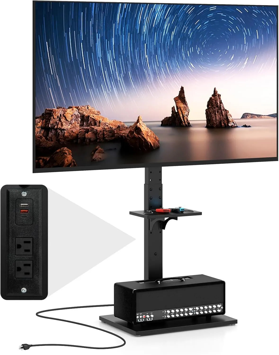 COSTWAY, Szafka TV, 70 cali, 600 x 400 mm, czarny, Regulowany stół AV, VESA Max, Stojak TV na piechotę z gniazdem, Kąt Przyspieszany, Regulowana wysokość