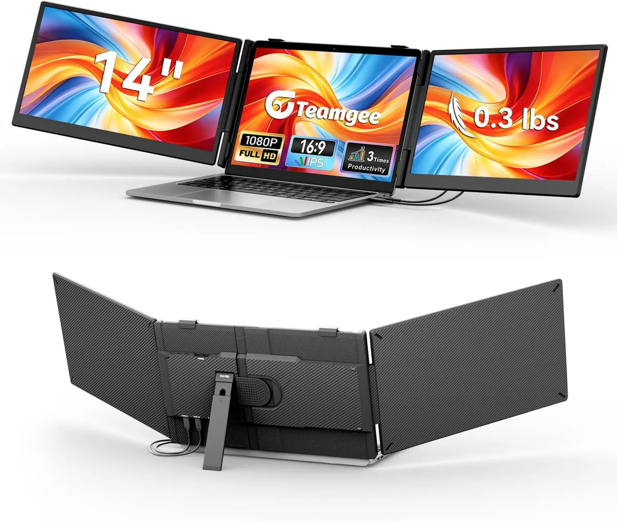 Teamgee, Monitor 1080P, 14 cali, przenośne, Full HD, płyta IPS, HDMI, USB, FHD IPS, 17, 3 ', Ultra-drobny monitor z ukrytymi kablami, szerokie podparcie przechyłu