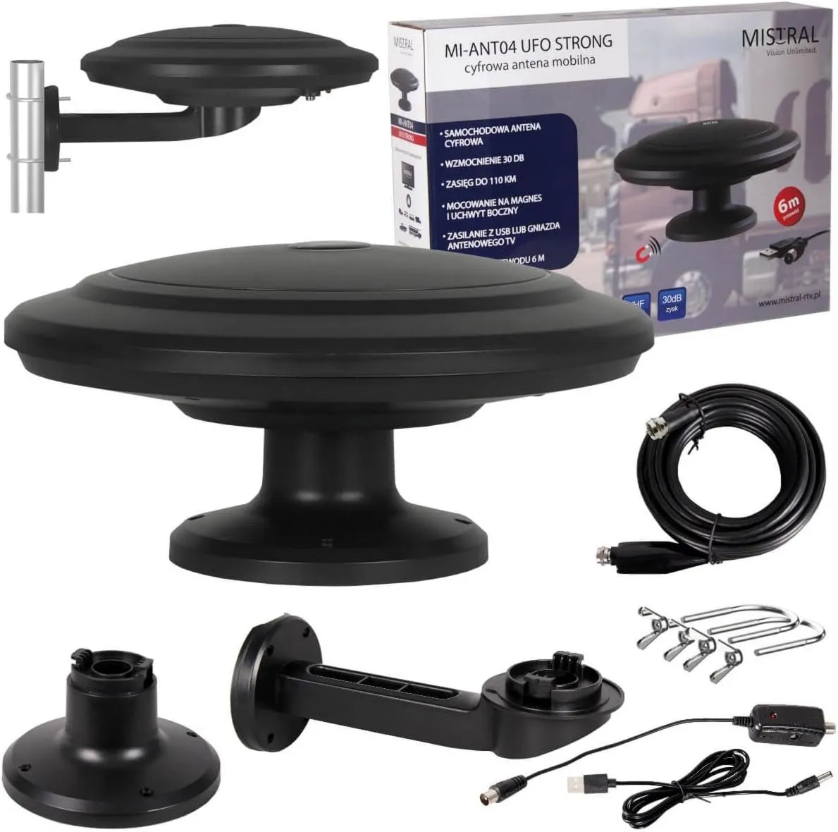 Mistral, Smart TV MI- ANT04, TV, DVB- T2, czarny, Samochodowa Antenna DVB- T2 wszechkierunkowy MI- ANT04 UFO Silne MI-ANT04 DVB-T2