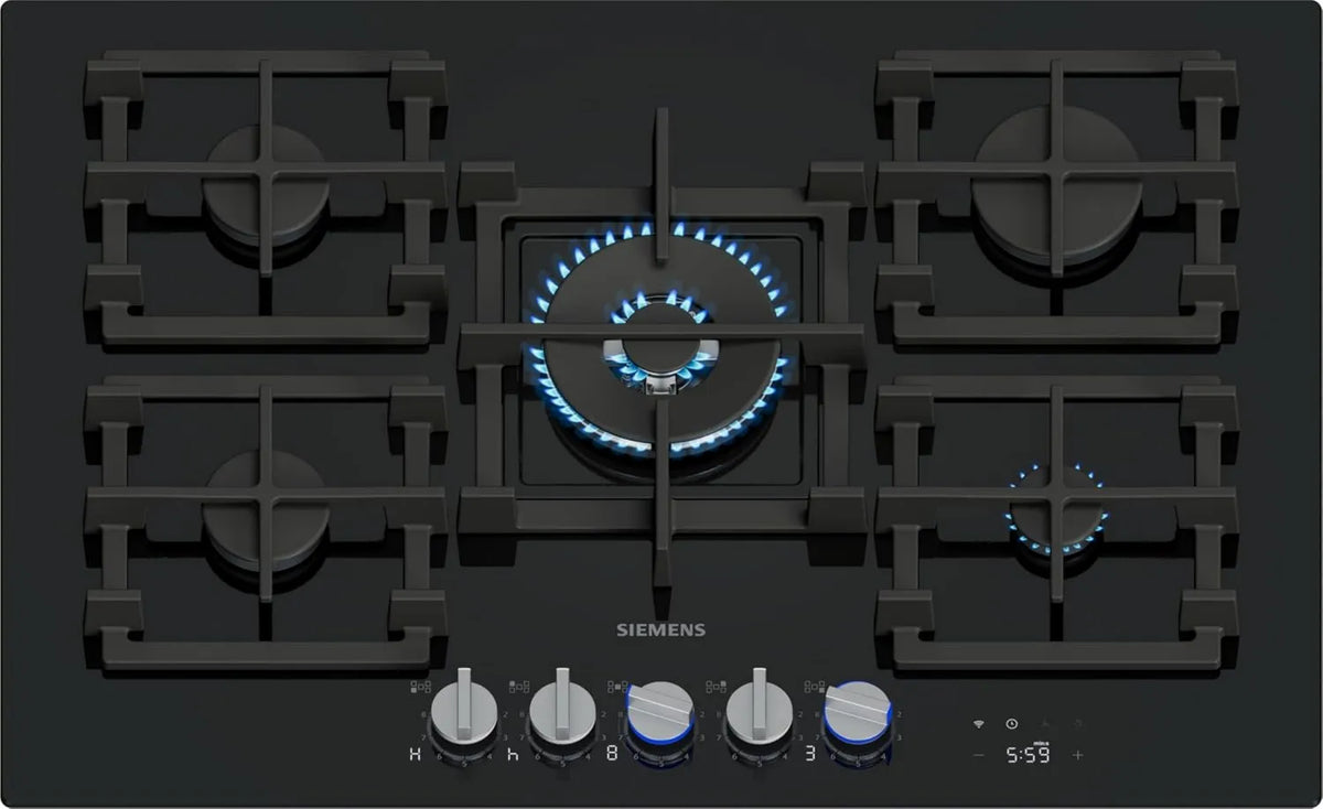 Siemens ER7A6RH40 płyta gazowa, 75 cm, iQ700 płyta gazowa, technologia stepFlame, inteligentna automatyka wyciągu, cyfrowy wyświetlacz