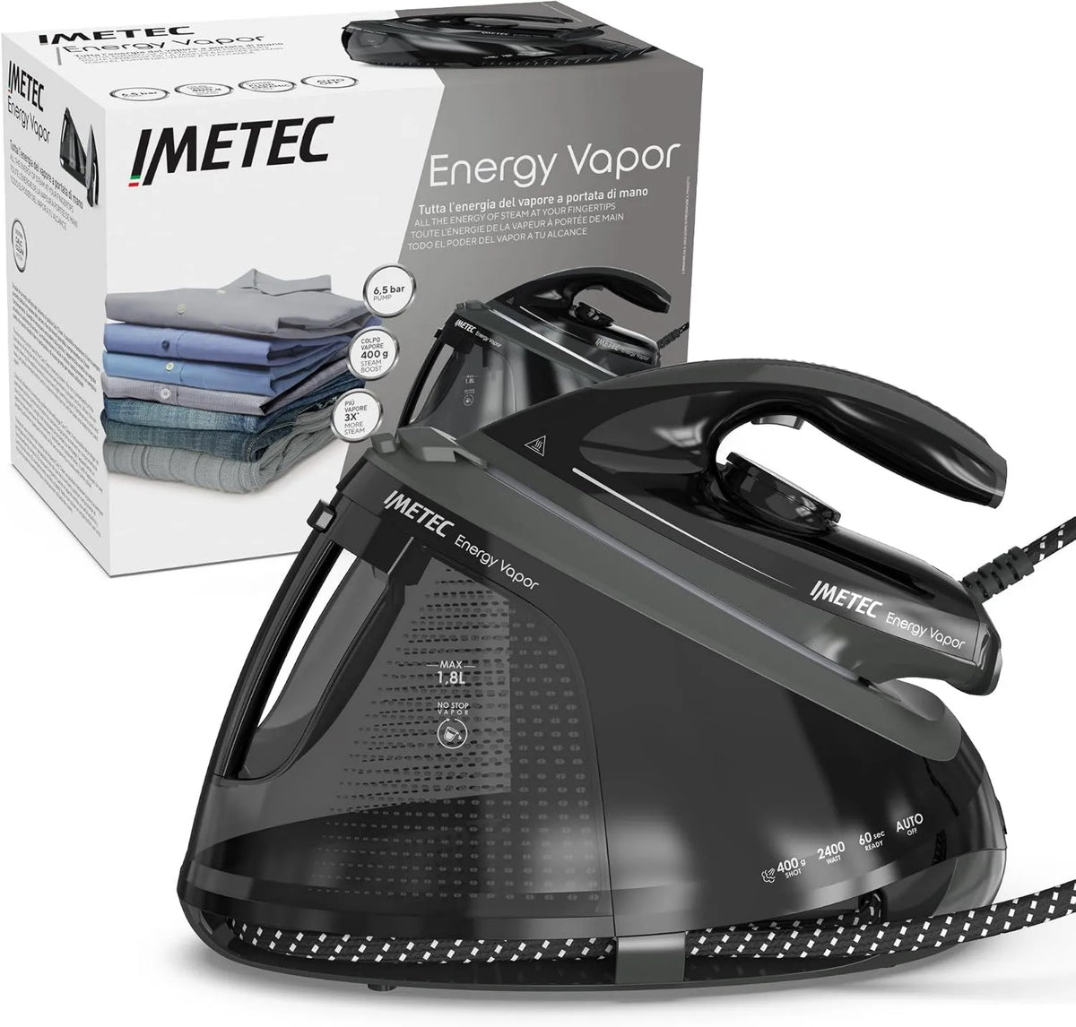 Imetec żelazko parowe, Pompa, żelazko elektryczne, 1, 8 l, 2400 W, 400 g, duży zbiornik, para