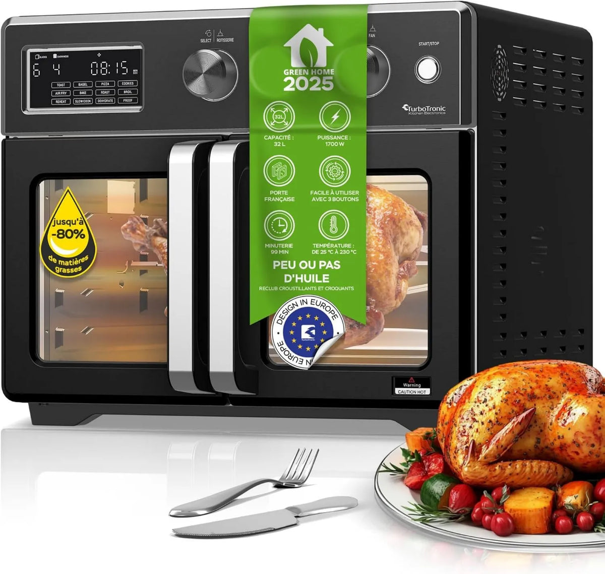 TurboTronic By Z-LINE mini piekarnik, Piec elektryczny, 32 l, grill, kompaktowy, piec na gorące powietrze 4 w 1 i frytkownica na gorące powietrze, TurboTronic, w tym turner i wiele