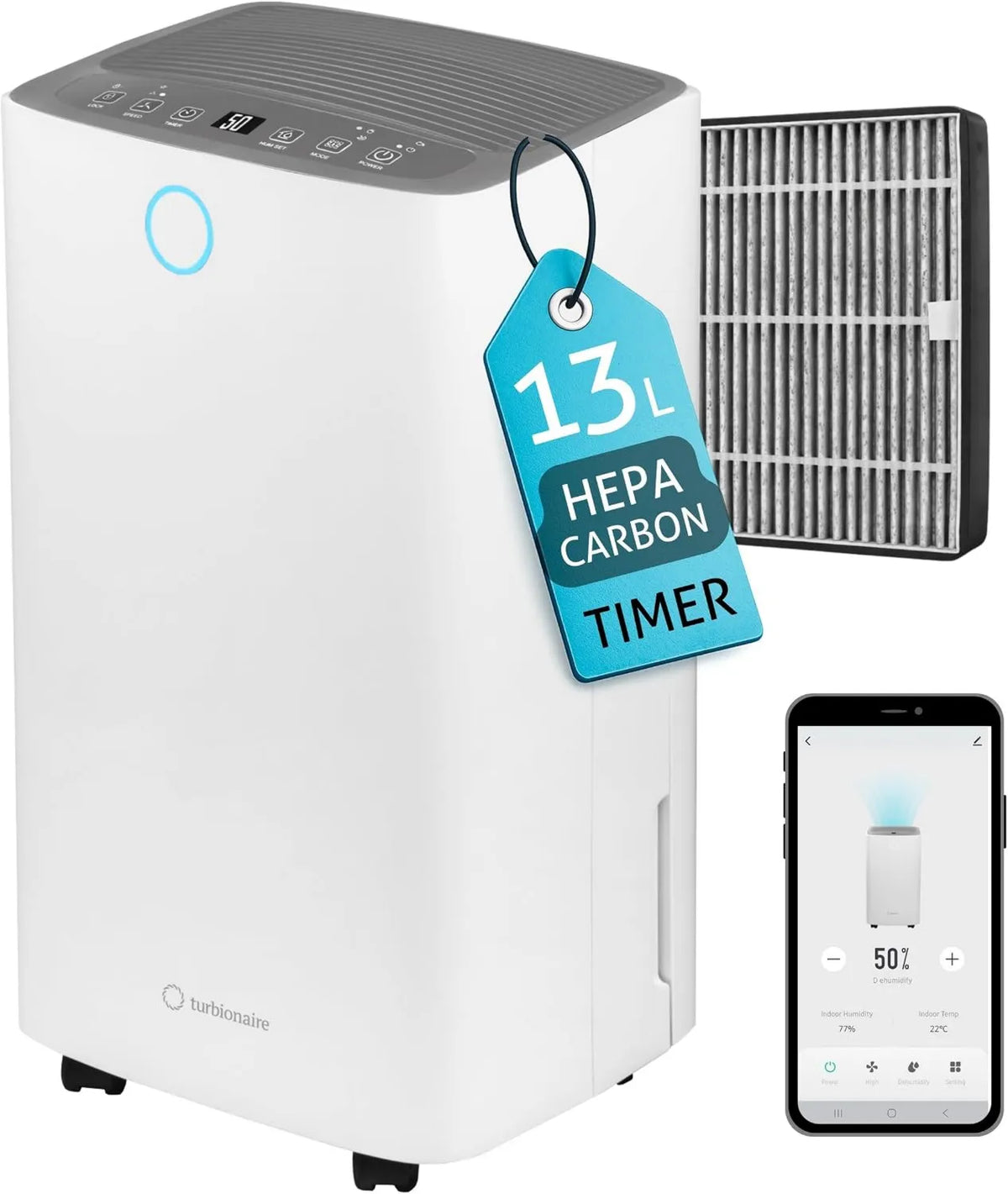 SENSO 13 oczyszczacz powietrza, 36 dB, 120 m³/h, timer, sterowanie WiFi, filtr HEPA, Osuszacz i Oczyszczacz Powietrza Turbionaire WiFi Clean