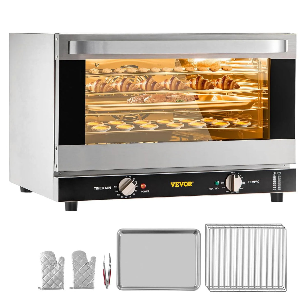 VEVOR mini piekarnik, piekarnik elektryczny, 47 l, 1600 W, 65 do 250°C, stal nierdzewna, mini- Cztery z termoobieg 47 l Mini- Cztery elektryczne 1600 W Mały piekarnik