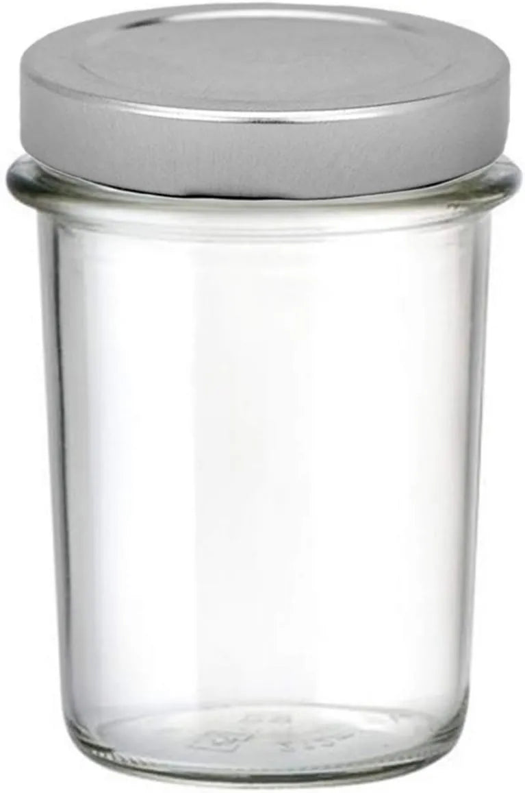 PEGANE, 99 x 71 mm, Zestaw 24 szklanych słoików przezroczystych, IRIOS -, pojemność 212 ML, srebrne kapsułki sterylne 66 mm w zestawie