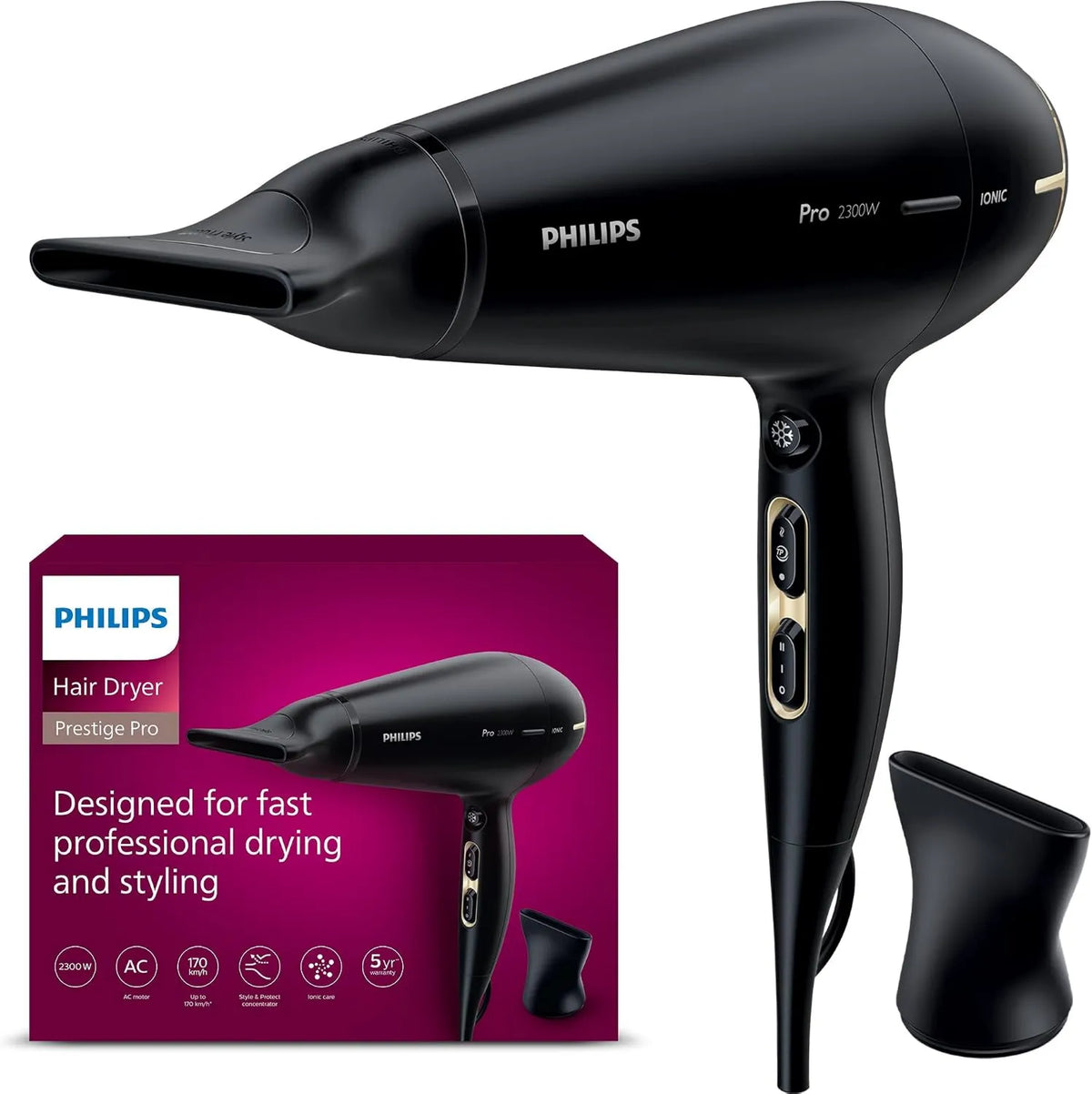 PHILIPS suszarka do włosów, HPS920 / 00 Suszarka Prestige Pro, model, do profesjonalnego suszenia i stylizacji, z 2 kondensatorami, 2300 W HPS920/00