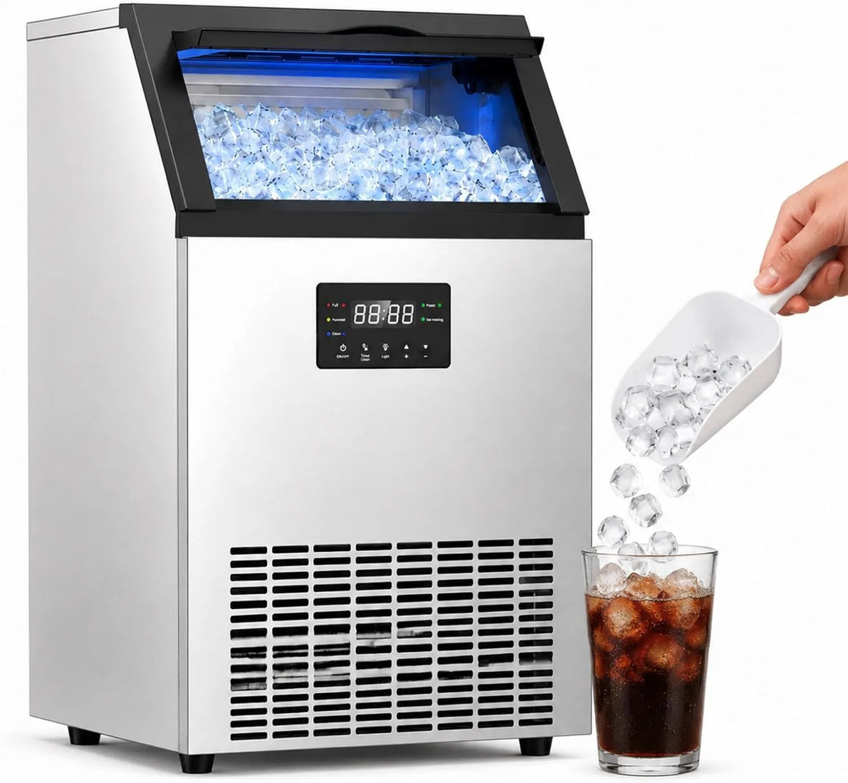 JIYINGHUI kostkarka do lodu, Maszyna do lodów 45- 60 kg / 24H Cubes / 8Min, zwrotna, licznik czasu, profesjonalny, stal nierdzewna, do Bar Café 45IceCubes, do wpuszczania lub pozerstwa 45-60 kg/24H Cubes/8Min