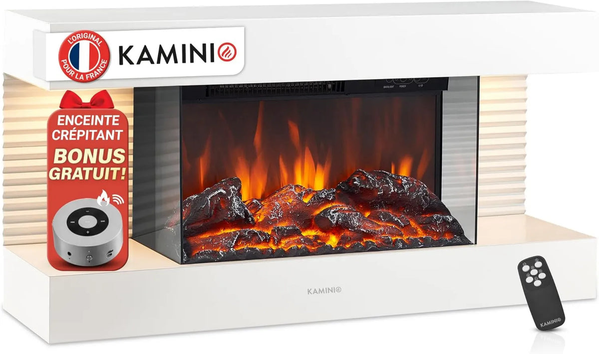 KAMINIO kominek elektryczny, Elektryczny grzejnik, efekt 3D, biały, światło otoczenia LED, efekt płomienia 3D, LIZ