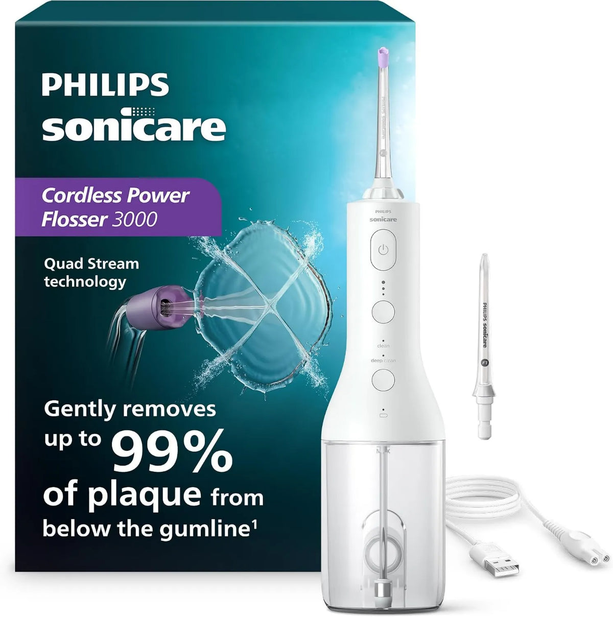 Philips Sonicare, Philips IPX7 HX3826 / 21 HX3826 / 21, Flosser wody z innowacyjną technologią Quad Stream, Sonicare Cordless moc Flosser 3000, Nawadniacz doustny z 2 HX3826/21