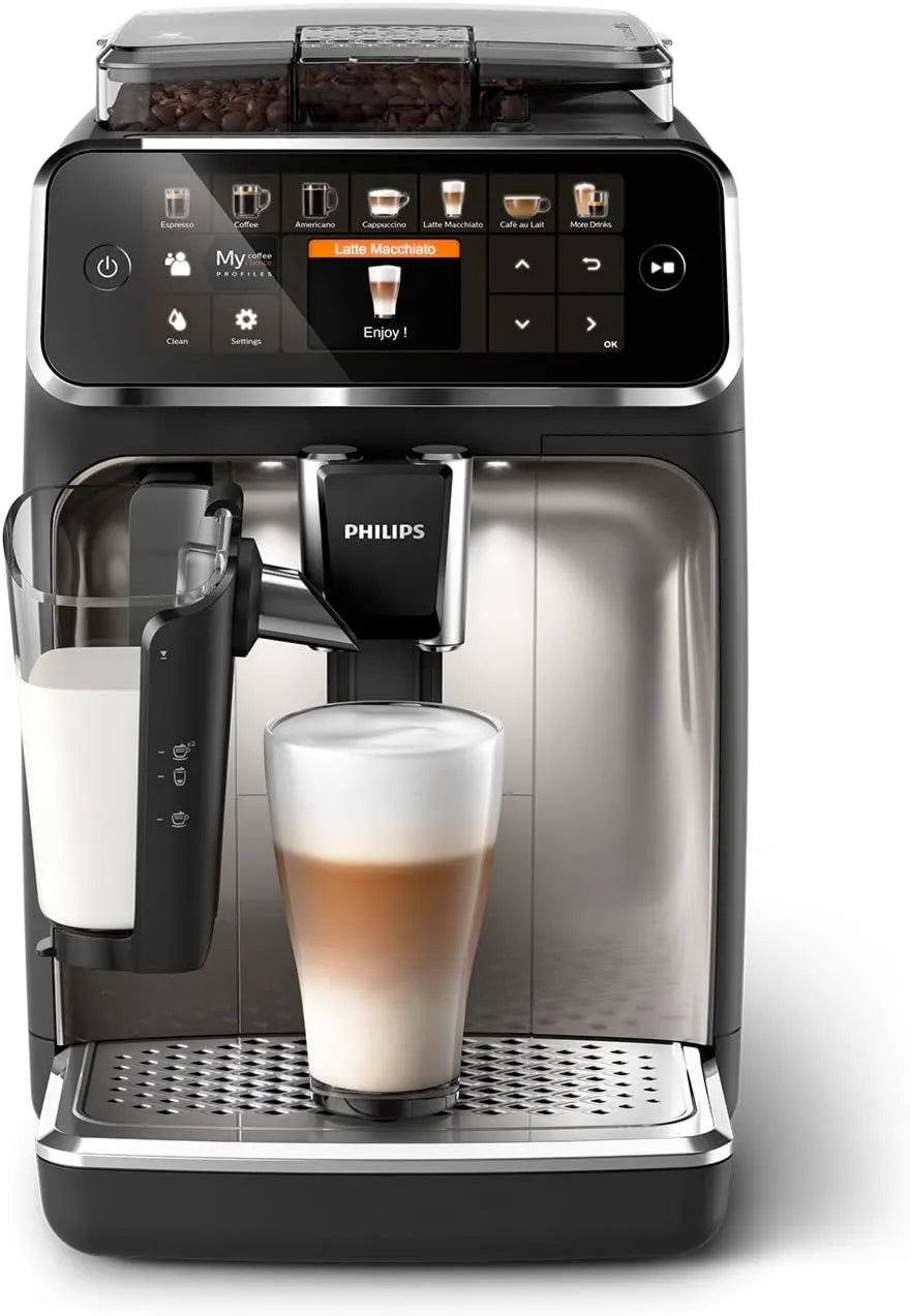PHILIPS automatyczny ekspres do kawy, 12 napojów, ekspres do kawy ziarno 5400, LatteGo, czarny chrom EP5447 / 90, szlifierka expresso z 4 profilami użytkownika, intuicyjny ekran EP5447/90