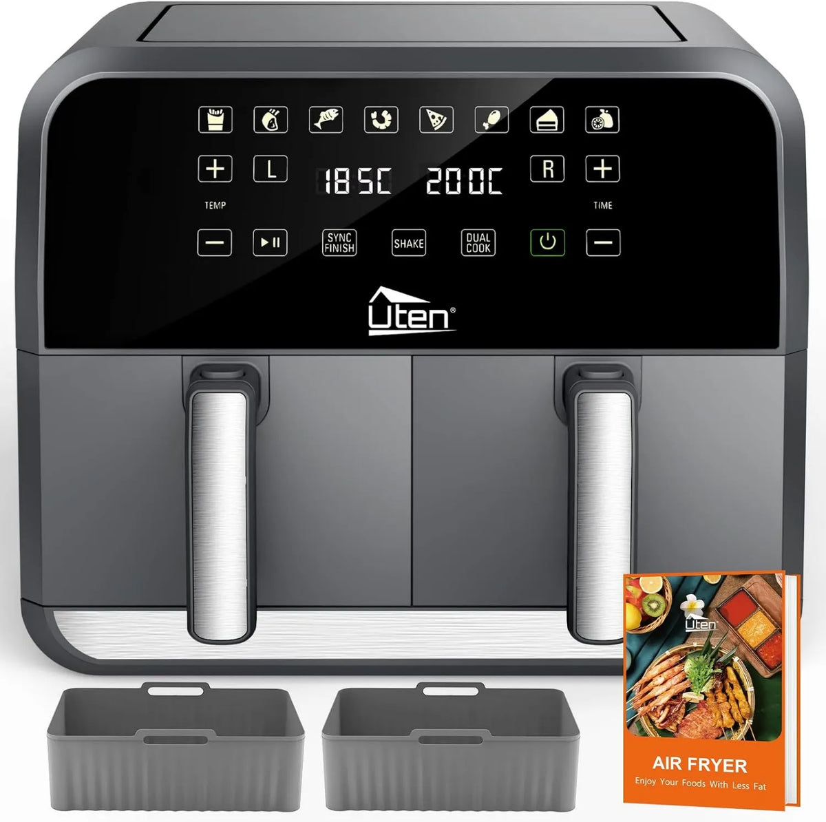 Frytkownica beztłuszczowa, 1700 W, 60 min, Uten Podwójna frytkownica na gorące powietrze, Dual Zone Airfryer, z 2 silikonowymi podkładkami