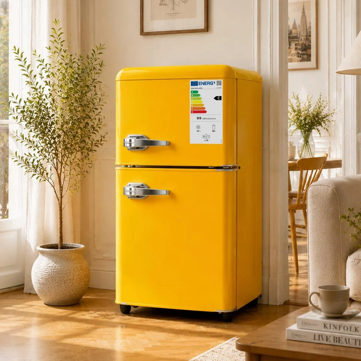 KOMHTOM minilodówka, Lodówka, 60 l, klasa energetyczna C, dekoracja salonu, 2 strefy temperatury, ustawienie temperatury na 7 poziomach, Mini