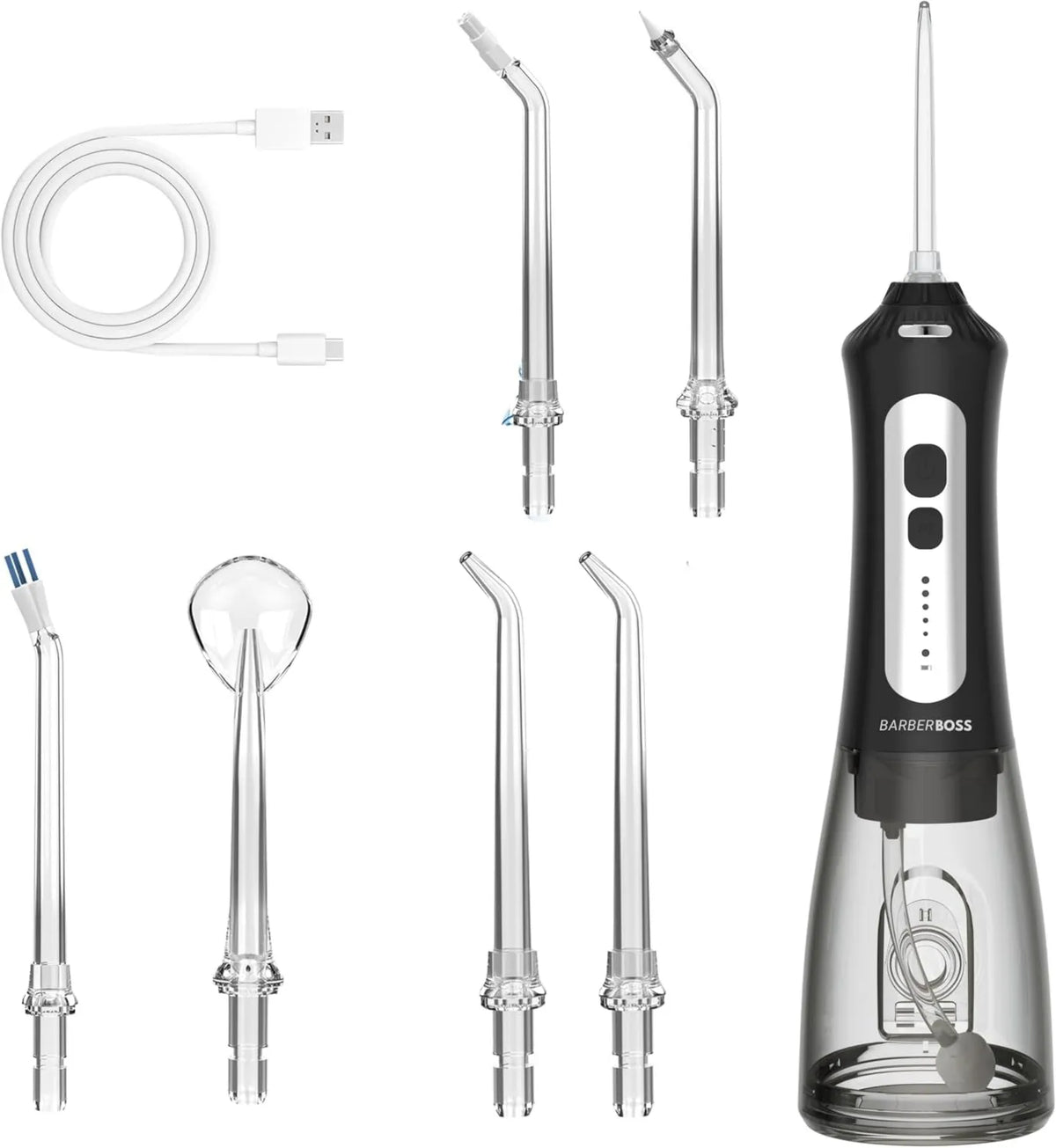 BARBERBOSS, IPX7 elektryczna hydropompa dentystyczna, czyszcząca, 300 ml, IP65, duży zbiornik, USB, 5 trybów, bezprzewodowy, do podróży i domu
