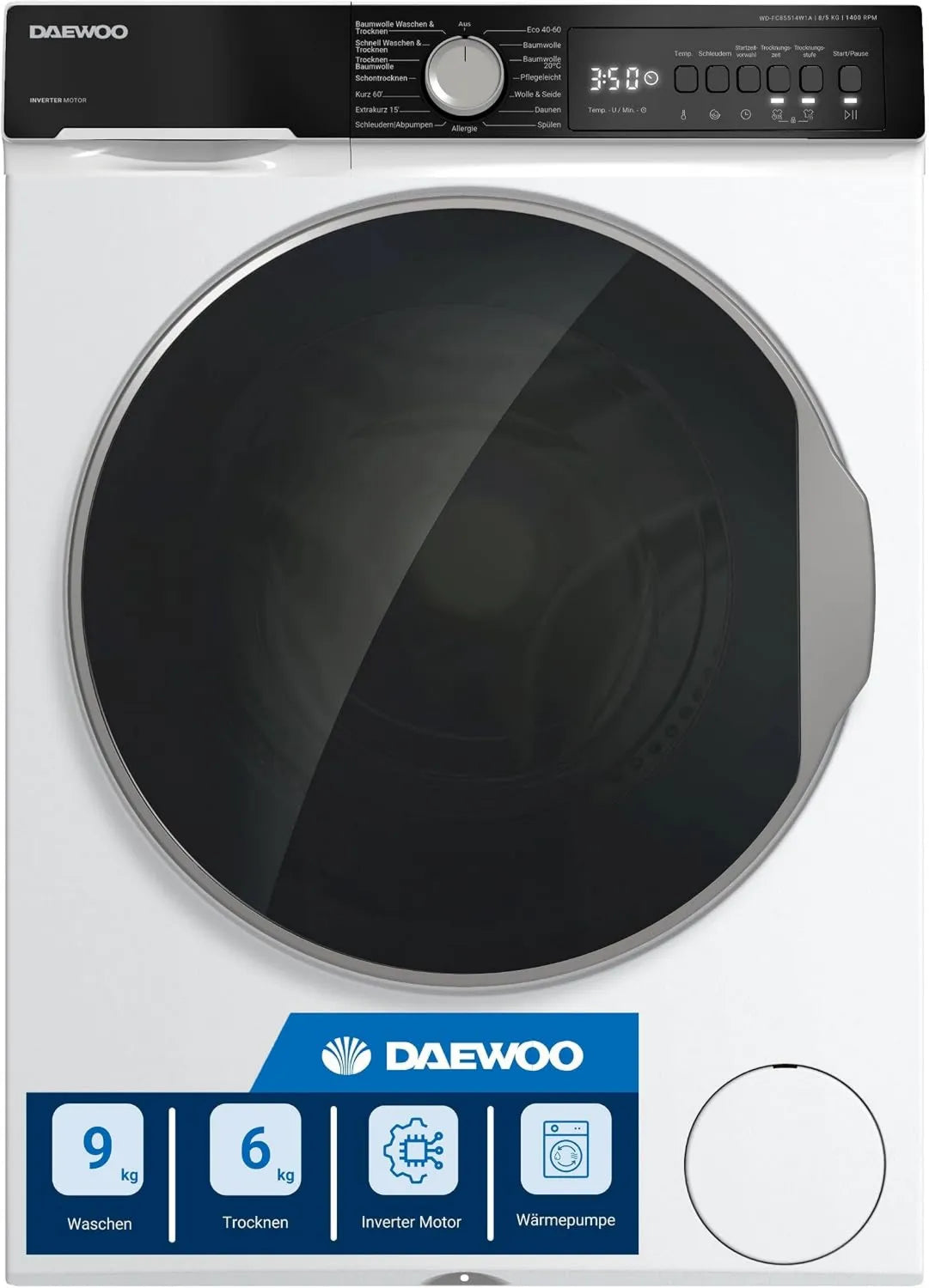 Daewoo pralka, susząca, 8 kg, klasa energetyczna A, suszarka, WD- FC85514 W1A-DE, Inverter, aquaStop, biały, 1400 obr./min, min, suszenie 5 WD-FC85514 W1A-DE
