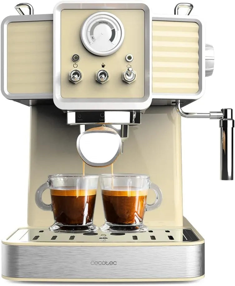 Cecotec ekspres ciśnieniowy, 1350 W, 20 bar, funkcja pary, Espresso i Cappucicno, 20 barów i Thermoblock, Wzór Vintage, Pojemność 1,5 litra