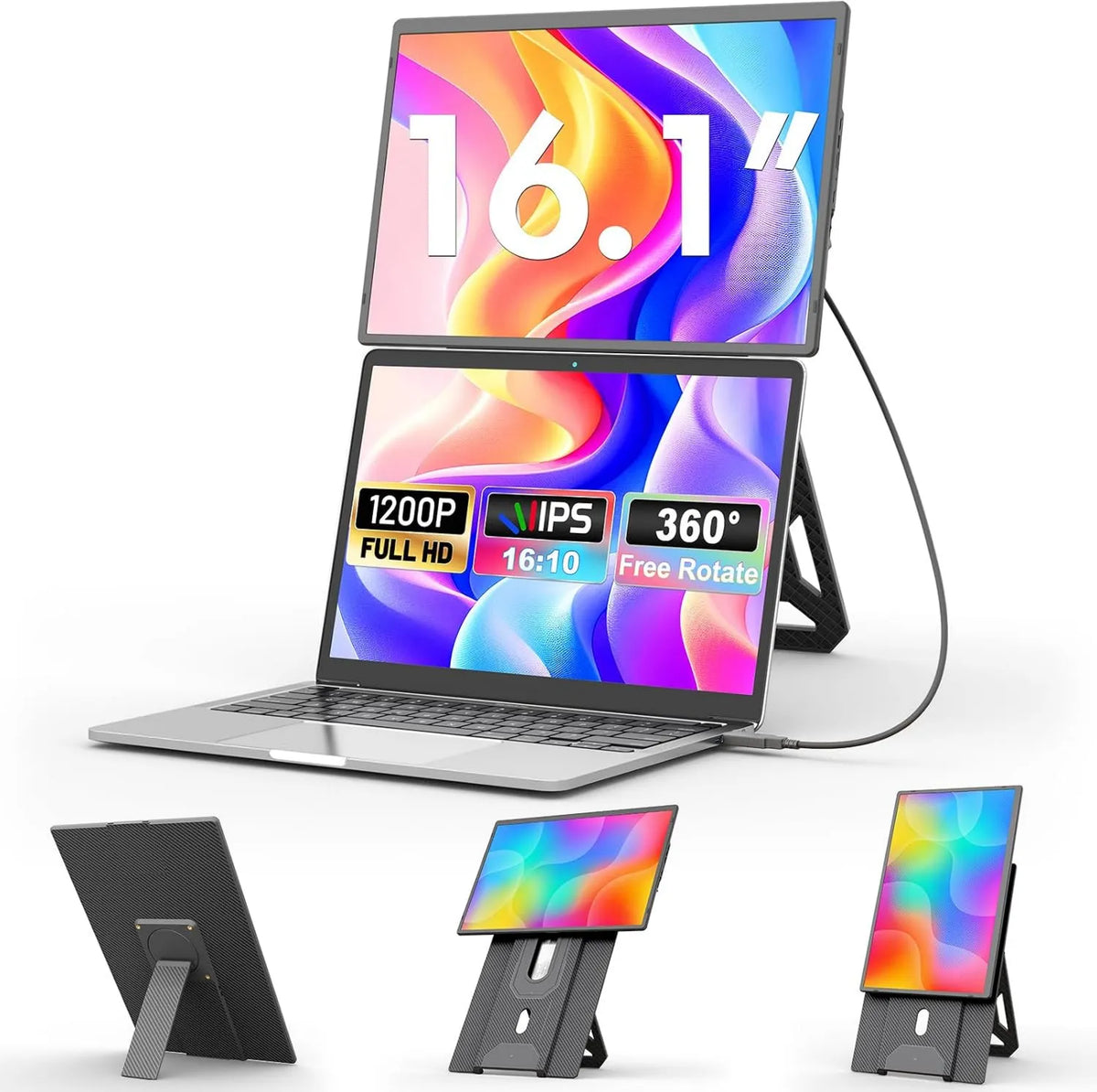 domyfan, Komputer 1200P Windows, Mac, PC, Xbox, PS5, 16, 1 cali, Full HD, Podwójny ekran z 360 ° Magnetyczne wsparcie, FHD, Przenośny ekran