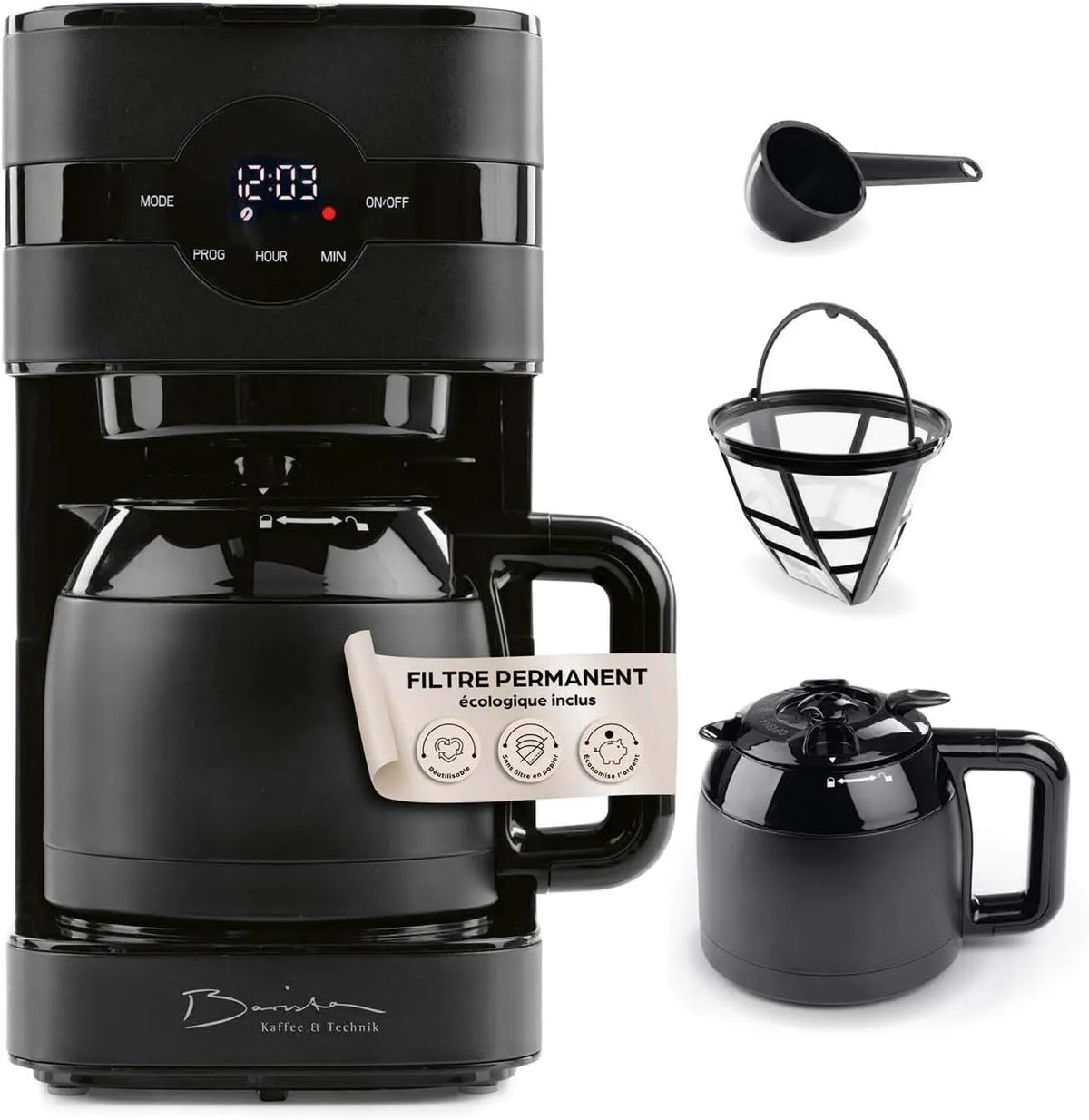 Barista Kaffee & Technik, 24 h elektryczny ekspres do kawy, zegar, czarny, minutnik & filtr stały, Dla 8 filiżanek kawy