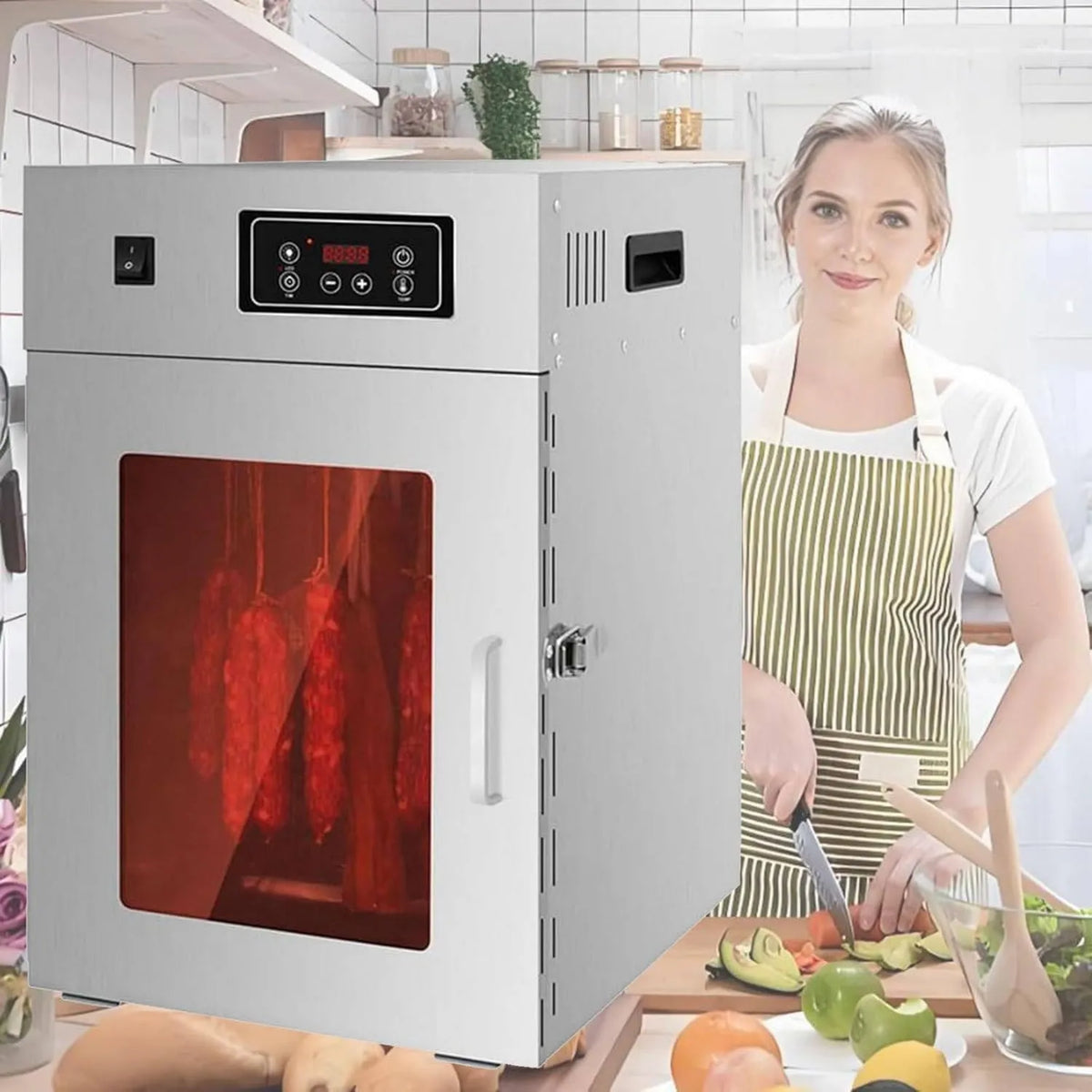 Oiyeknrd suszarka do żywności, suszenie, dehydrater spożywczy, 30 do 90°C, 7, 5 kg, stal nierdzewna, do kiełbas