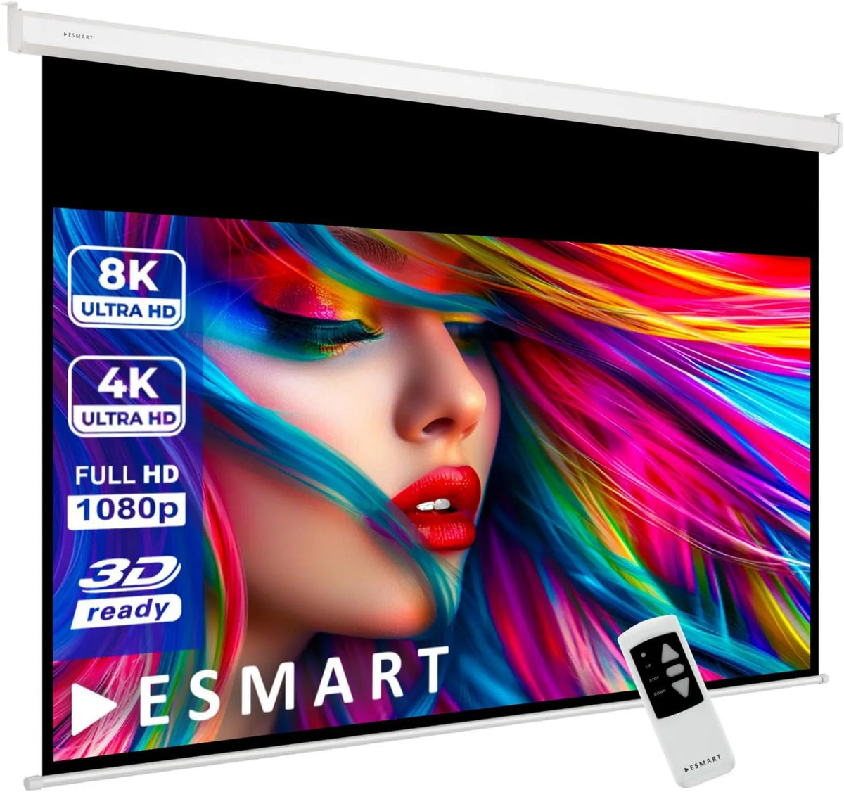 ESMART, Produkt 332x187 cm 16: 9, Profesjonalny ekran silnika MIMOTO 354 cm, Biała tkanina, Powierzchnia obrazu 332 × 187 cm, Zdalne sterowanie