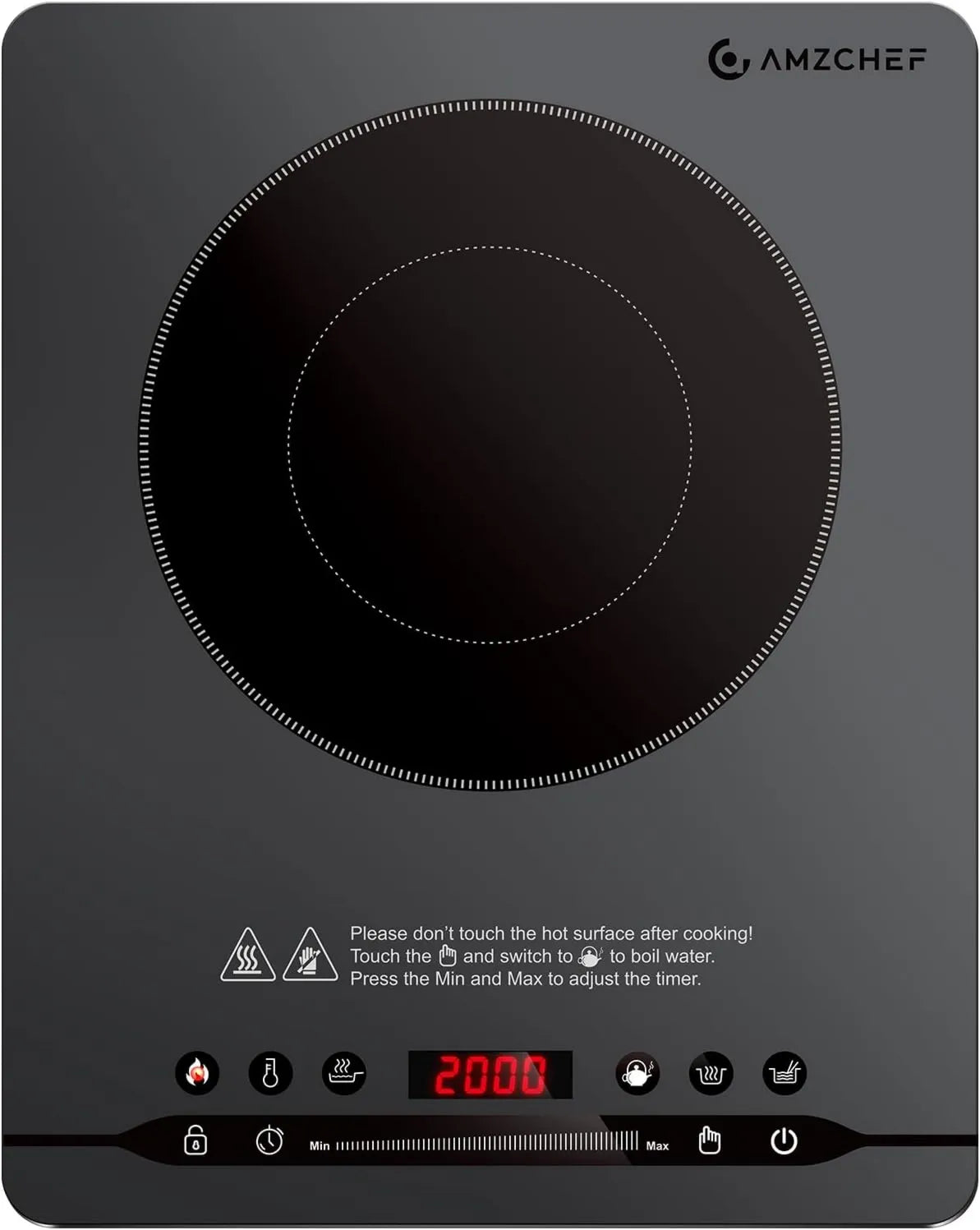 AMZCHEF płyta grzewcza, Płyta indukcyjna, 2000 W, 42 dB, stół indukcyjny, zegar, przenośny, tłumik, 2 strefy temperaturowe, szary, 4 cm Design