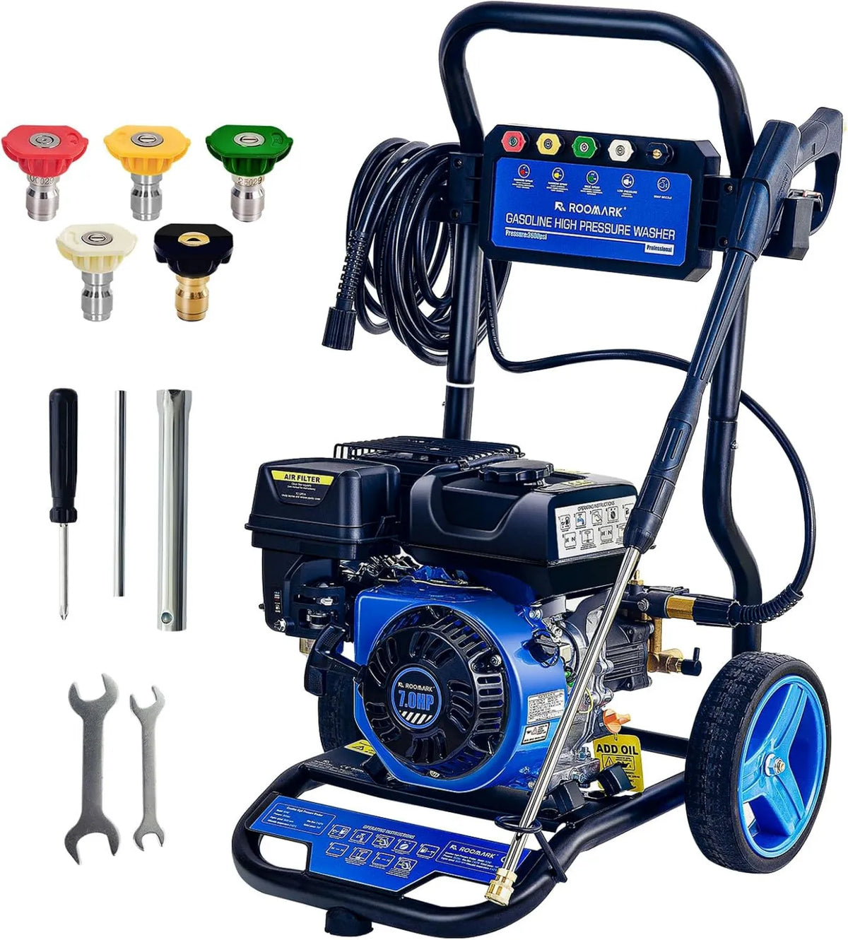 Roomark, PSI 590 l 590 l / h, 3600 / h myjka gazowy 210cc 7.0 CV, Pompa przelotowa osiowa z 5 dyszami i 8 m wężem 590 l/h