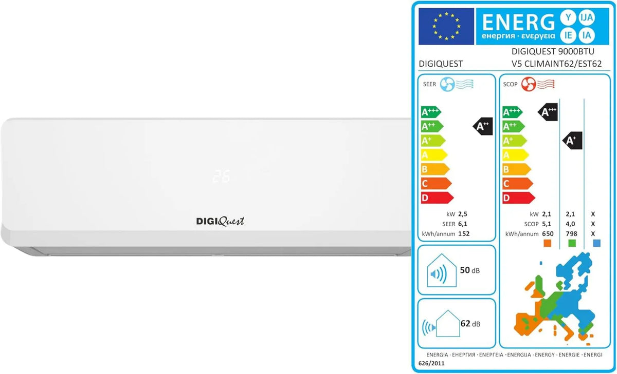 R32 CLIMA00062 klimatyzator, 9000BTU, 37 dB, silnik inwerterowy, sterowanie WiFi, Klimatyzator Digiquest Inverter V5 9000BTU, przepływ powietrza 3D