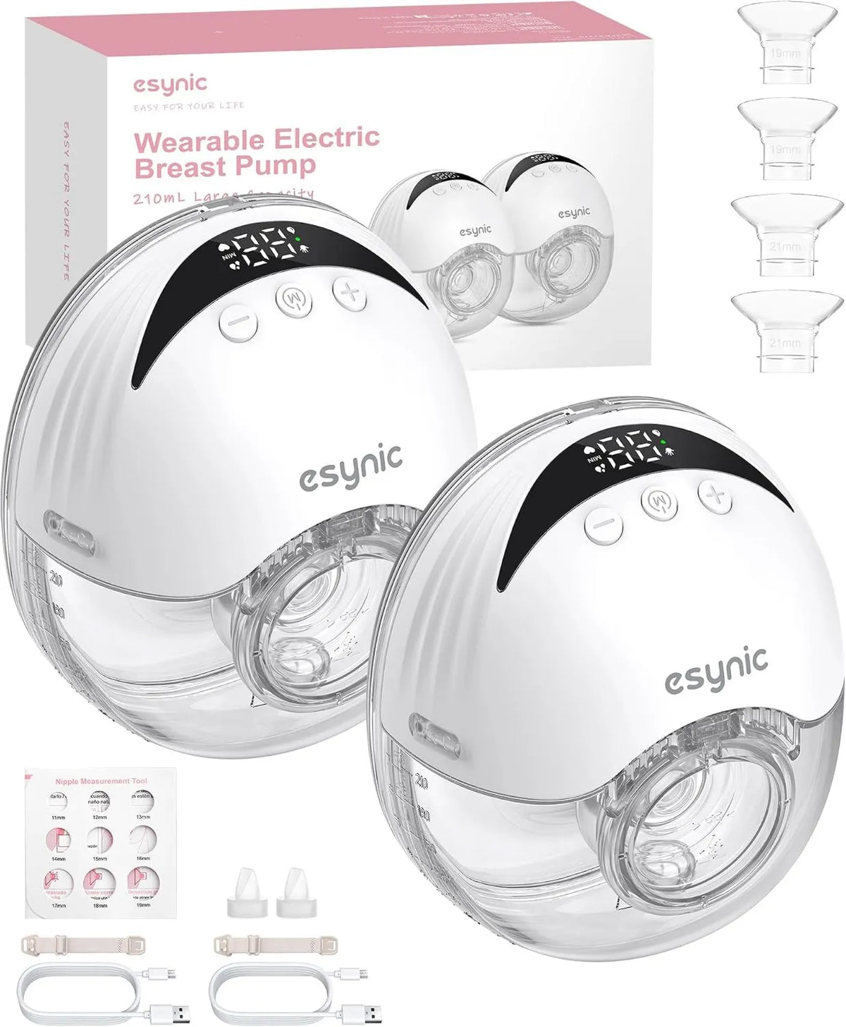 eSynic, Pompa do mleka, pompa do karmienia piersią, 2PCS 24 / 21 / 19 mm, przenośna, cicha, biała 24/21/19 mm