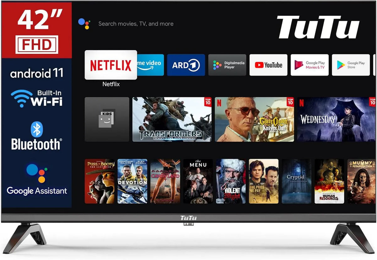 TuTu telewizor, Google Smart TV, 42 cali, TV, WiFi, Bluetooth, Android OS, Full HD, DVB- T / T2, S2, 106 cm, kompatybilny Google Assistant i Google Play Store DVB-T/T2