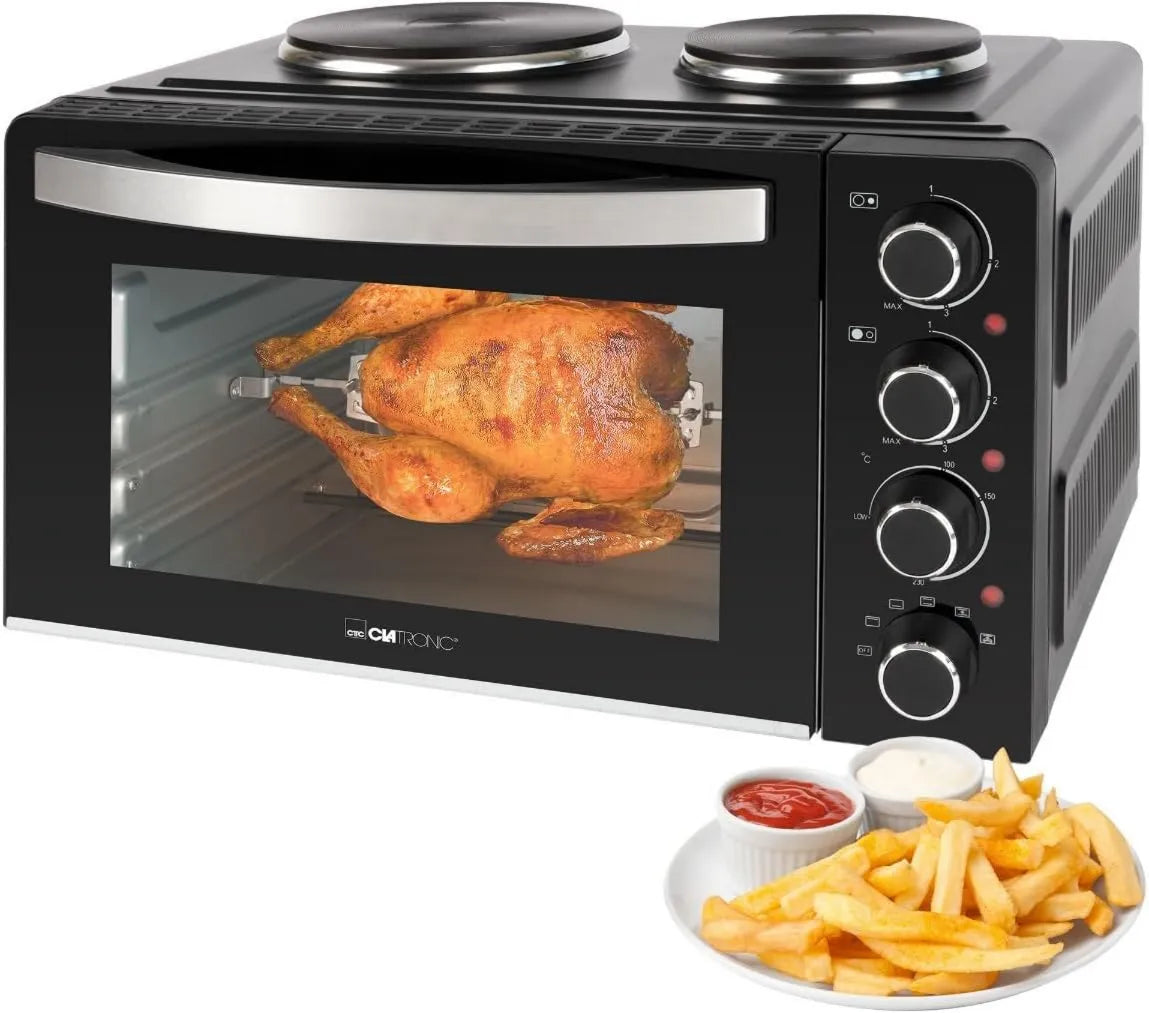 Clatronic mini piekarnik, Piec elektryczny, 28 l, 100 do 230°C, wysokotemperaturowy, KK 3786, Minipiekarnik ® z blachami grzewczymi i obrotowym zawleczką