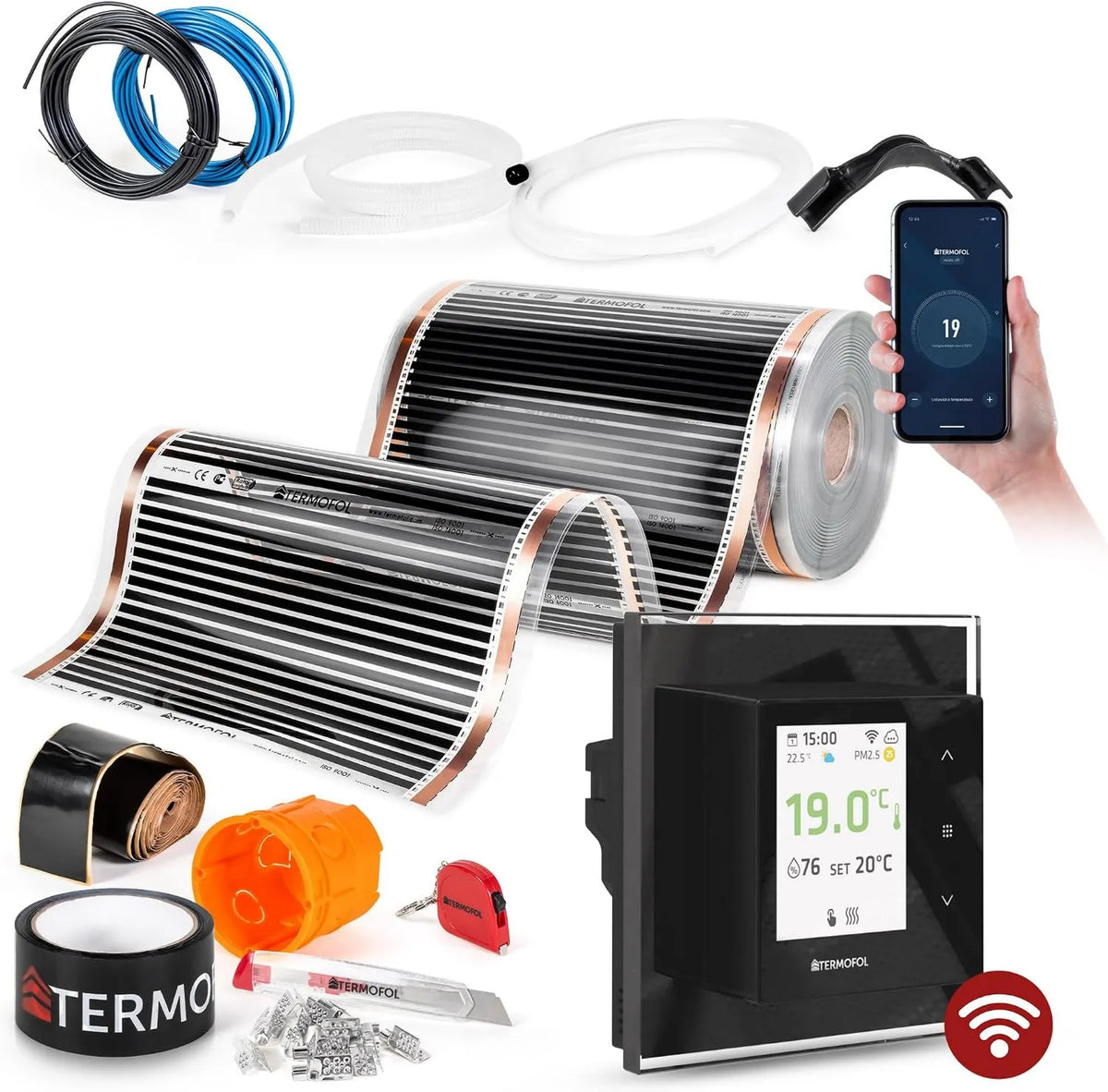 H7, 230 V, 140 W, sterowanie WiFi, Termofol Elektryczne ogrzewanie podłogowe folia grzewcza 230 V, z termostatem WIFi Black